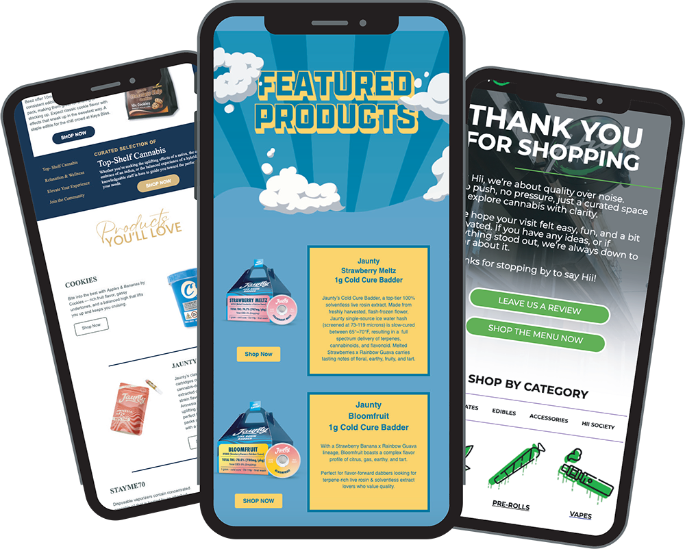 Several smart phones featuring our newsletters on the screens